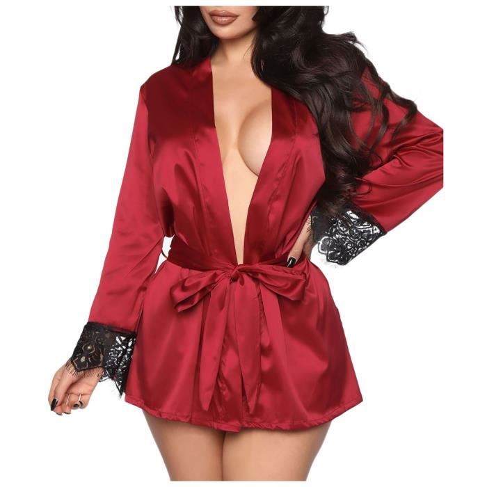 Grande taille lingerie sexy femmes soie rayure robe satin peignoir