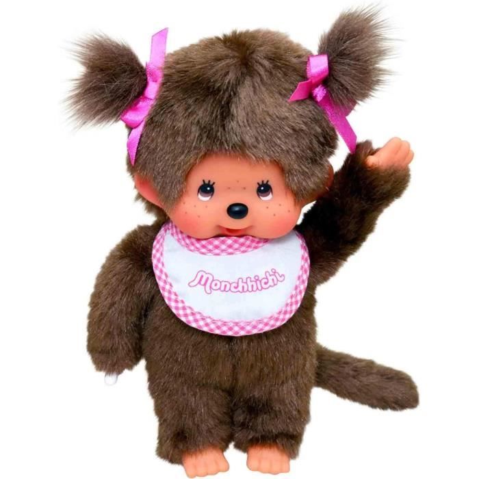 Peluche Singe Kiki fille Monchhichi couettes noeuds rose SEKIGUCHI