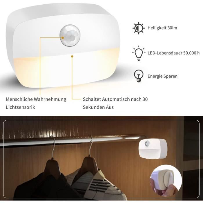 Lot De 4 Veilleuses LED à Détection De Mouvement, Rechargeables Par USB – Blanc Froid