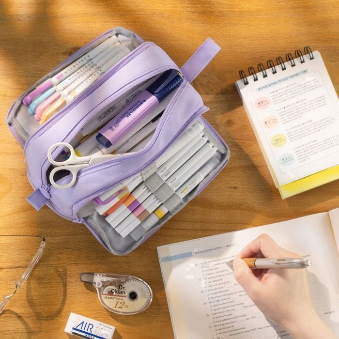 COLOCASTLE Trousse Scolaire Violet - Sac à Crayons Grande Capacité 3 Compartiments, Organisateur Pratique Pour Étudiants Et Bureau