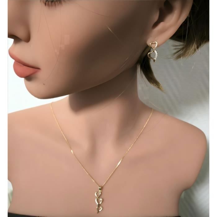 Parure De Bijoux Cœur Argentée – Collier + Boucles D'oreilles – Mode Vintage