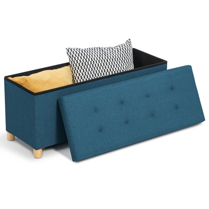 Banc Assise Capitonnée IDMarket Banc Coffre De Rangement 76 Cm Tissu Bleu Canard - Avec Pieds En Bois Banc Assise Capitonnée IDMarket Banc Coffre De Rangement 76 Cm Tissu Bleu Canard - Avec Pieds En Bois