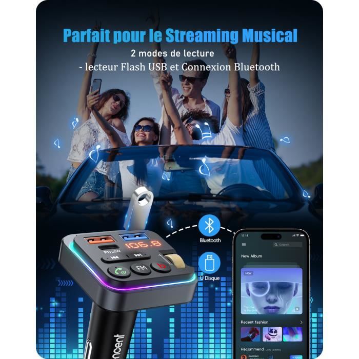 Transmetteur FM Bluetooth 5.4 Pour Voiture LENCENT - Double Charge Rapide USB-C 60W, Micro Avec Réduction De Bruit, Rétroéclairage LED