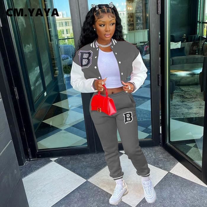 Ensemble de vetements CM.YAYA Survetement de baseball lettre B pour femme veste a simple boutonnage et pantalon de Black Tops Blanc Cdiscount Pret a Porter
