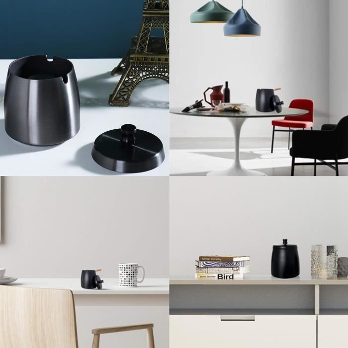 Cendrier Inoxydable Avec Couvercle Et Tapis Antidérapant - Cendrier Table Intérieur Extérieur Noir