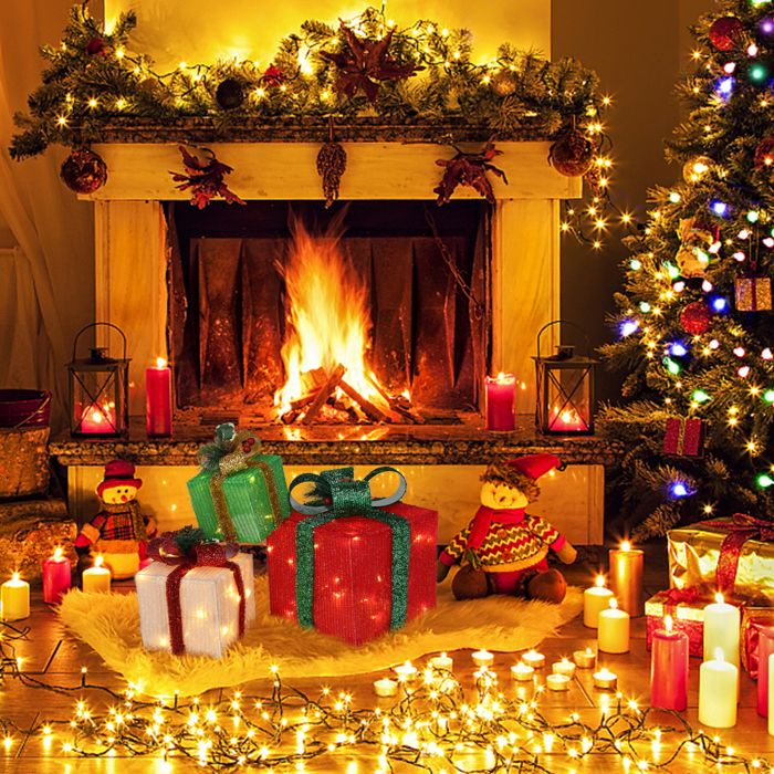 Lot De 3 Paquets Boîtes Cadeaux Lumineux De Noël,Décorations De Noël ,60 Lumières Chaudes - Maison