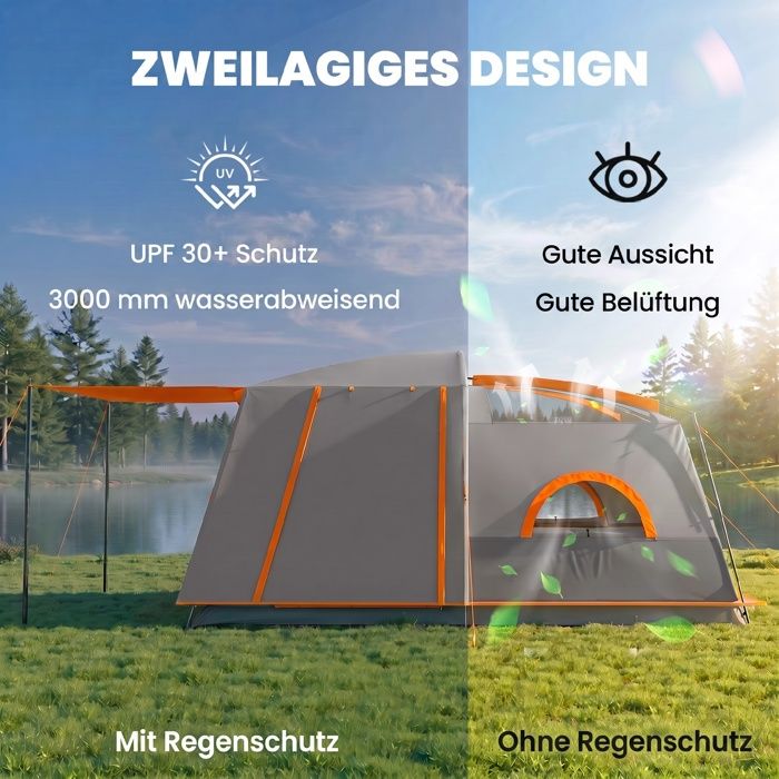 Tente Tunnel Outsunny 4-5 Pers. – 2 Chambres, Porche, Imperméable 3000mm, UPF30+, Ventilation, Montage à 2-3 Personnes