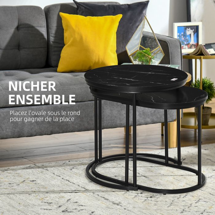 Lot De 2 Tables Basses Gigognes Industrielles HOMCOM - Effet Marbre Gris, Cadre Métal Noir - Pour Salon Ou Chambre Tables Design Moderne Empilables