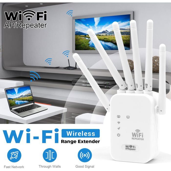 NEWFAST Répéteur WiFi AC1200 RE523 - Double Bande 1200 Mbps, 4 Antennes Haut Gain, WPS, Mode Routeur/AP, Écran LCD