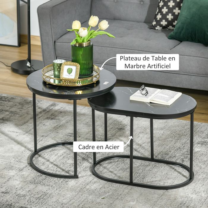Lot de 2 tables basses gigognes carrées style art déco - acier doré panneaux aspect marbre blanc Lot de 2 tables basses gigognes carrées style art déco - acier doré panneaux aspect marbre blanc