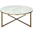 ALISMA Table basse ronde style contemporain en chrome doré + plateau en verre transparent imprimé marbre blanc - L 80 x l 80 cm-0