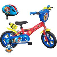 Vélo enfant 12'' Pat Patrouille pour enfant < 90 cm - équipé de 2 freins, 2 stabilisateurs, plaque avant et bidon arrière + Casque