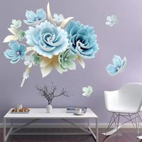 Stickers Muraux Fleuri Bleu Blanc Autocollants Muraux Pivoine Grands Sticker Mural Fleurs 3D pour Femmes Adultes Salons Chambres 