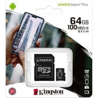 Carte Mémoire Kingston Canvas Select Plus SDCS2 64Go Micro SD Class 10 A1 100Mo-s+ Adaptateur inclus