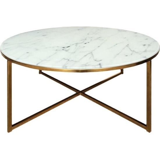ALISMA Table basse ronde style contemporain en chrome doré + plateau en verre transparent imprimé marbre blanc - L 80 x l 80 cm