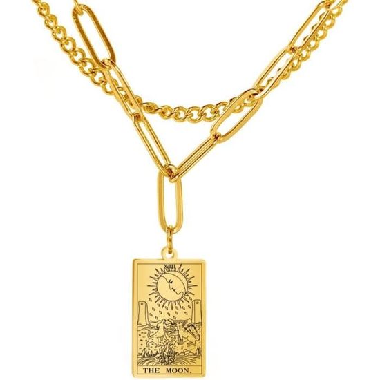 Collier Pendentif Rétro En Acier Inoxydable Couleur Or - Pendentif Carré Sur Deux Hauteurs - Occasion Très Bon état