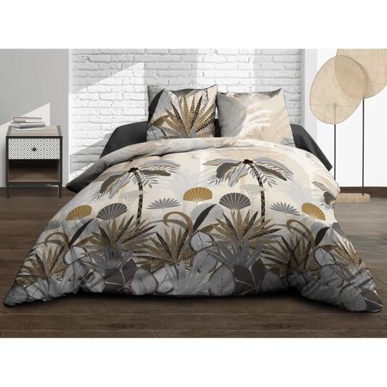 Parure De Lit Jules 140x190cm - Pur Coton 57 Fils, Imprimé Ginko Bleu - Drap Housse + Plat + 2 Taies