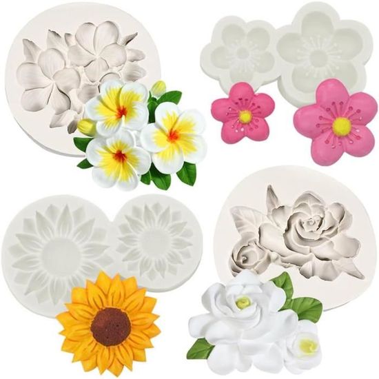 Sijiangmold Lot de 4 moules à gâteau en silicone en forme de fleur, moule en silicone rose, moule à chocolat en forme de marguerite, moule à fondant pour décoration de cupcakes, bonbons