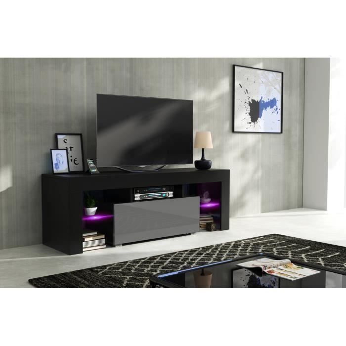 Meuble tv 130 cm noir mat et gris laqué + led RGB