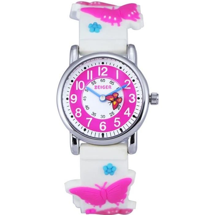 Zeiger Montre Enfant Quartz Analogique - Montre Pdagogique pour Fille - Bracelet Silicone Caoutchouc Blanc - Motifs 3D Papillon Rose
