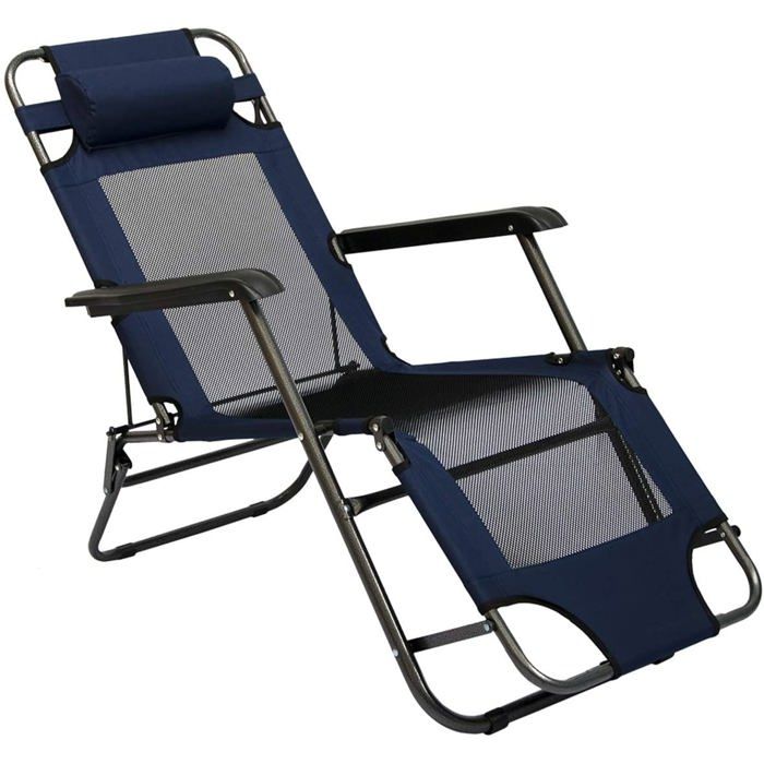 Chaise Longue Pliable pour camping et jardin - Transat Inclinables avec repose-tête - couleur bleu foncé - Structure en acier - P...