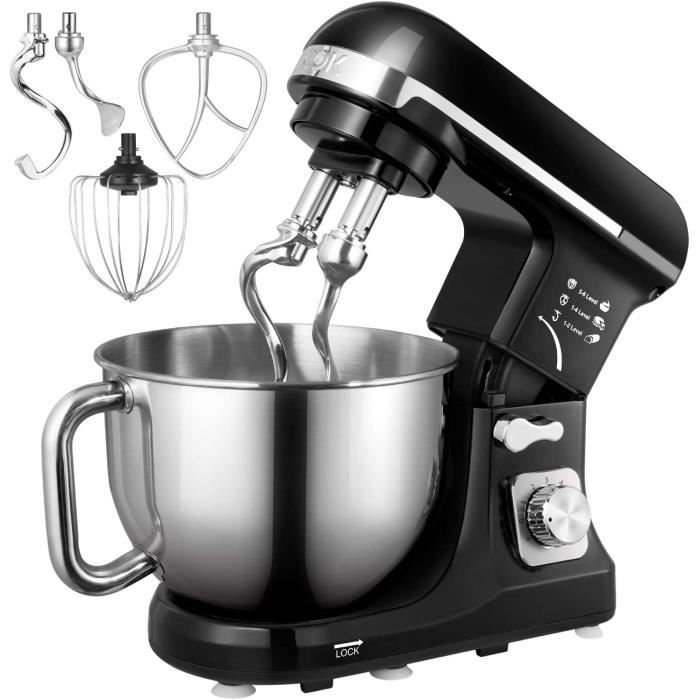 Aicok Robot Pâtissier, 5L Robot avec Kit pâtisserie (Fouet à Fils, Batteur, Crochet), Bol en Acier Inoxydable, Couvercle Verseur/Pro