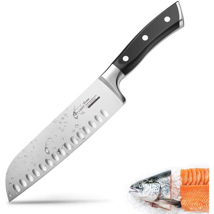 Couteau Japonais 17cm Couteau Santoku Professionnel Couteau de Cuisine Couteau de Chef en Acier Inoxydable Carbone, Garantie à vie