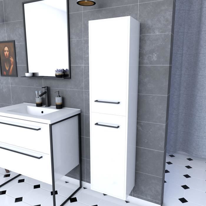 Colonne de salle de bain blanche 30x35x150 cm avec 2 portes blanches poignées noir mat - STRUCTURA P015