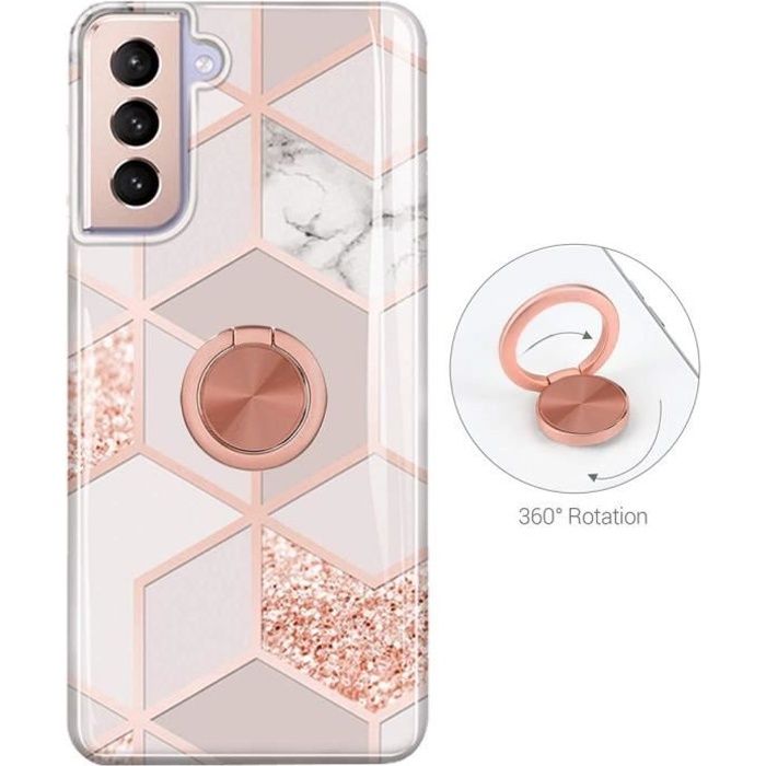 Coque Anneau pour Samsung Galaxy S21 Rose Luxe Elégant Antichoc Motif Marbre TPU