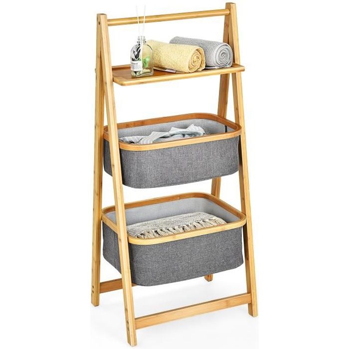COSTWAY Panier à Linge en Bambou, avec Étagère, 2 Paniers de Rangement 44 x 34 x 98 CM pour Salle de Bain, Buanderie, Salon