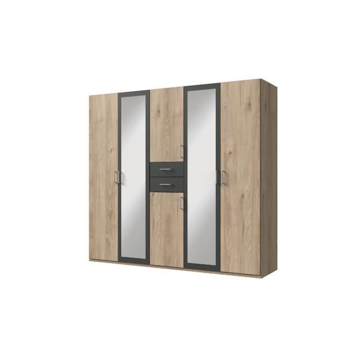 DIVER Armoire de chambre grande capacité - Décor chêne et graphite - L 225cm