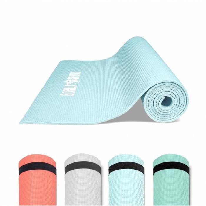 GORILLA SPORTS ® Tapis de yoga PVC bleu clair - 180 x 60 x 0,5 cm - tapis de gymnastique avec sangle de voyage pour le yoga, le pila
