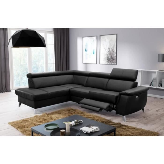 Canapé d'angle en cuir italien de luxe - 5/6 places - 1 relax électrique et coffre - noir - angle gauche – LINCOLN