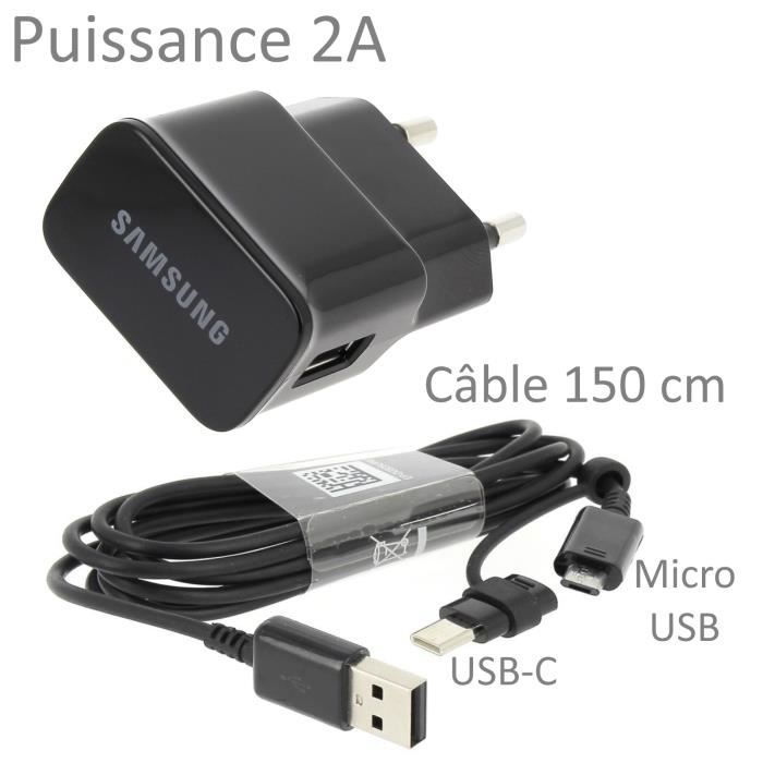 Pour Samsung Galaxy J5 2017 : Chargeur USB Original 2A + Câble Long 150 cm Noir