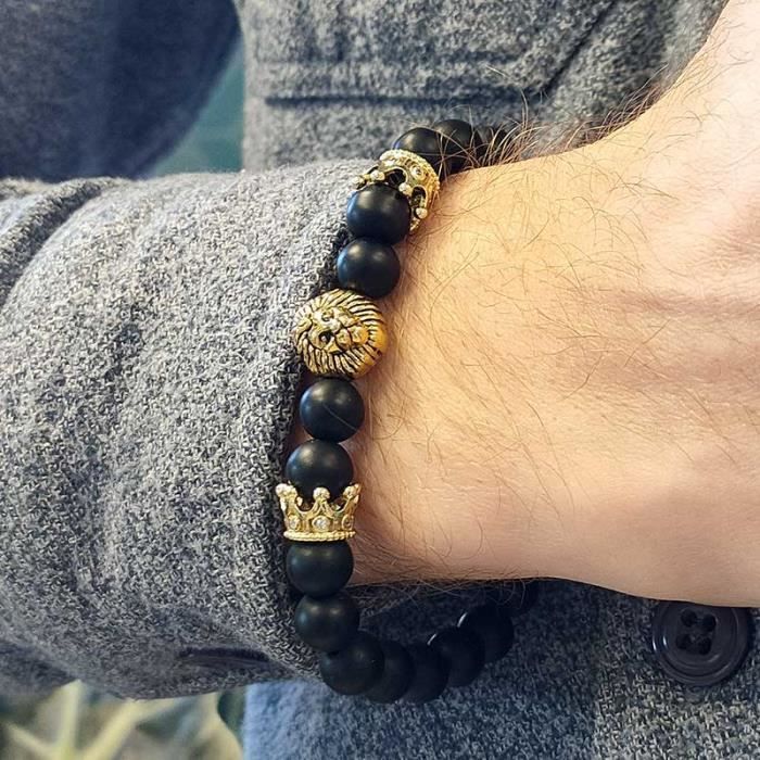 SHOP-STORY - KING BRACELET : Bracelet Homme Perles d'Onyx et Tête de Lion