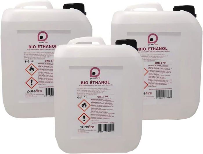 Bio-éthanol liquide, Combustible Haute-Performance à 99,8% ,PUREFIRE by Purenail, 3 jerrycans de 5 Litres, Sans fumée ni odeur