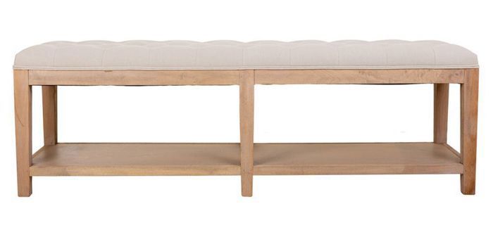 banc d'assise rembourré en bois coloris naturel et tissu beige - longueur 150 x profondeur 38 x hauteur 51 cm