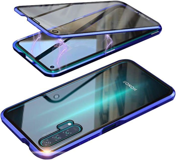 Custodia per Huawei Honor 20 Cover Magnetica Adsorbimento Bumper in Metal 360 Gradi Full Body Protezione Case Ultra Sottile Trasparente Vetro Temperato Frontale e Posteriore Flip Case,Argento