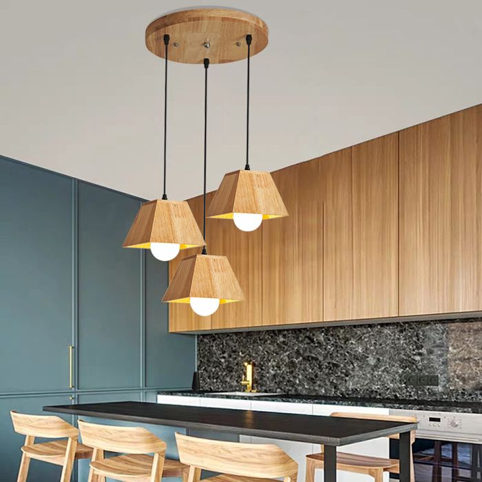 SNOGOLD Suspension à 3 Lampes Luminaire en Bois Moderne E27 Lustre Rétro Abat-jour Ø17cm Éclairage pour Salon Chambre Restaurant