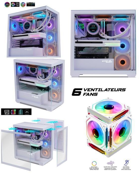 Boîtier PC Gamer – SPIRIT OF GAMER – Spark Artic ARGB – 7 Ventilateurs – USB Type-C – Verre Trempé 270°