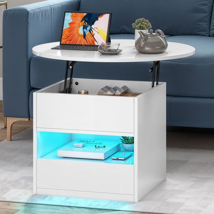 YITAHOME Table Basse Ronde à Plateau Relevable avec Compartiment de Rangement Caché Table avec LED Table Basse Moderne Blanche