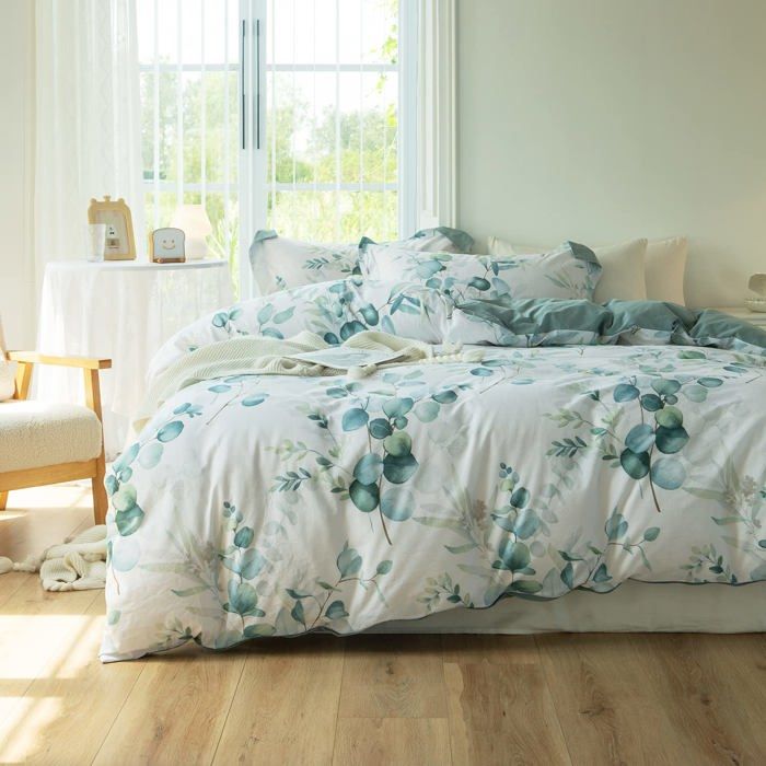 Parure de Couette Coton MILDLY - Housse de Couette 220x240 cm + 2 Taie doreiller 65x65 cm - Parure de Lit Motif Feuilles