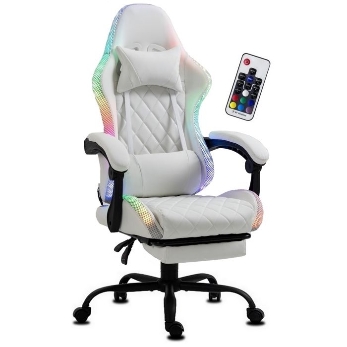 DELMAN Chaise Gaming Ergonomique en Similicuir avec Repose-Pieds et LED RGB Int&eacute;gr&eacute;e Fauteuil Inclinable Base M&eacute;tal  Blanc 