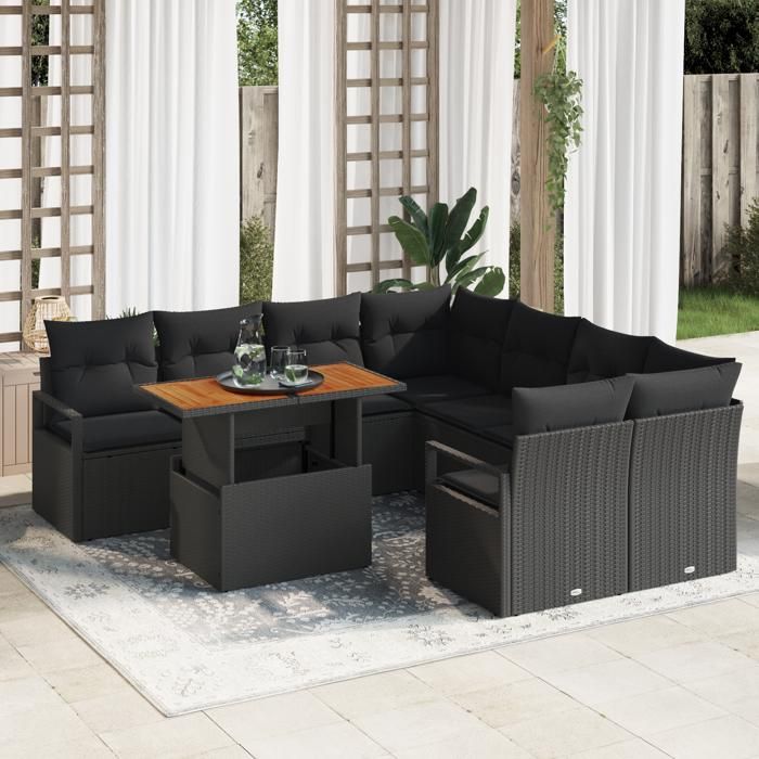 Ensemble de Canapés de Jardin vidaXL 9 Pièces avec Coussins Noir Poly Rattan Acacia Canapé de Jardin vidaXL 2 Places avec 3349694