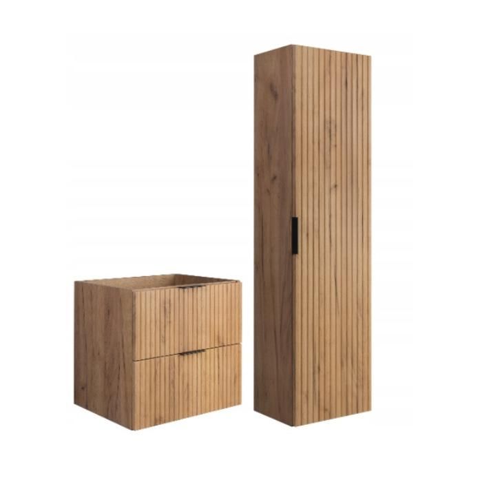 Ensemble de Meubles de Salle de Bain FLOW - Meuble pour Vasque à Poser 60 cm et Armoire Murale - Chêne