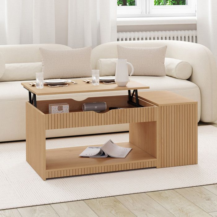 IDMARKET Table basse plateau relevable rectangulaire JULIETTE avec coffre lattes tasseau bois coloris chêne IDMARKET Table basse plateau relevable rectangulaire JULIETTE avec coffre lattes tasseau bois coloris chêne