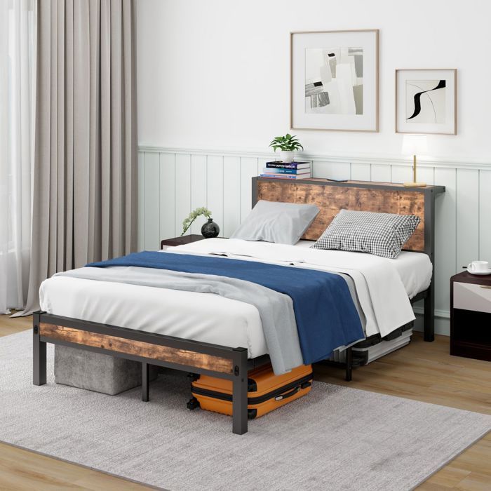 Cadre lit simple métal 120x200 cm avec tête de lit rangement silencieux base métal sans sommier vintage marron -sans Matelas