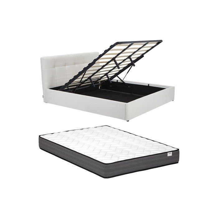 Lit coffre 180 x 200 cm - Tissu bouclette - Blanc + Matelas - MAZIRI Lit coffre 180 x 200 cm - Tissu bouclette - Blanc + Matelas - MAZIRI