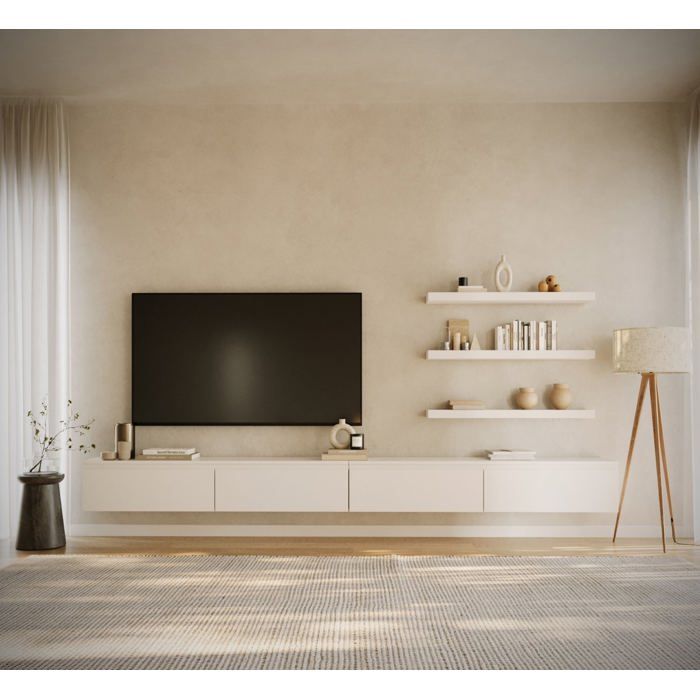 Meuble TV mural à 4 abattants – BEMMI – 300 cm – blanc