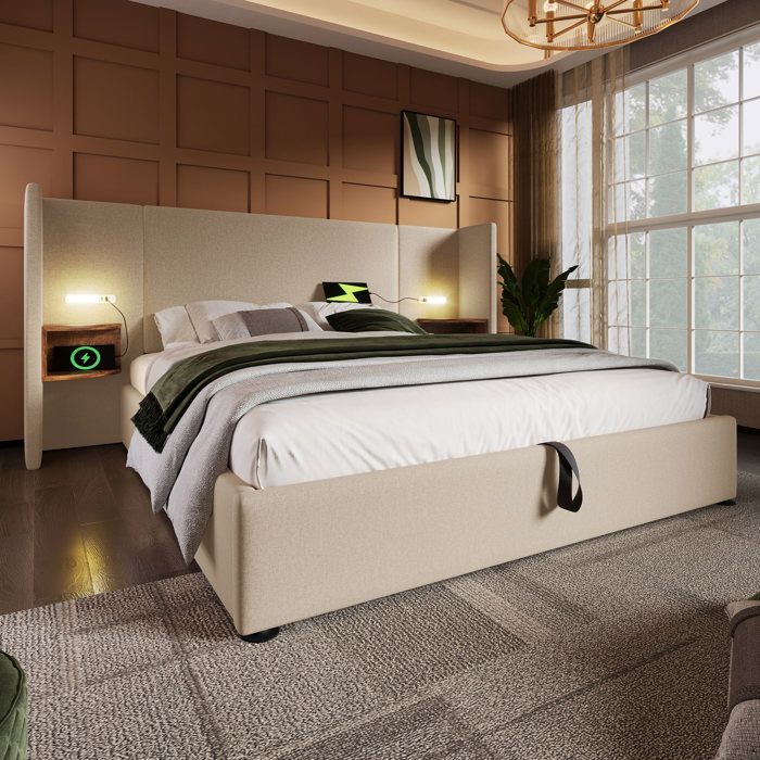 Lit 160x200 cm double avec chevet lampe lecture USB-C rangement cadre bois/métal tissu lin beige (matelas)